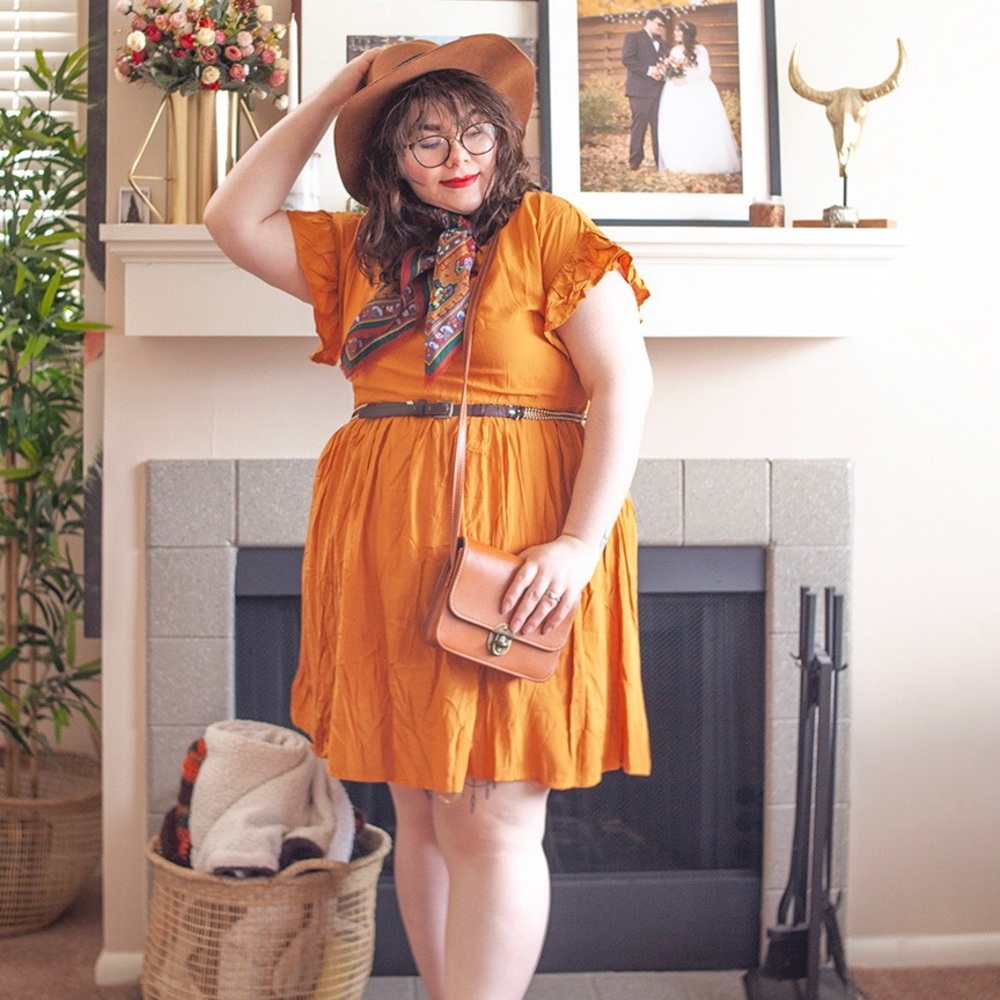 Mustard Yellow Flounce Sleeve Dress